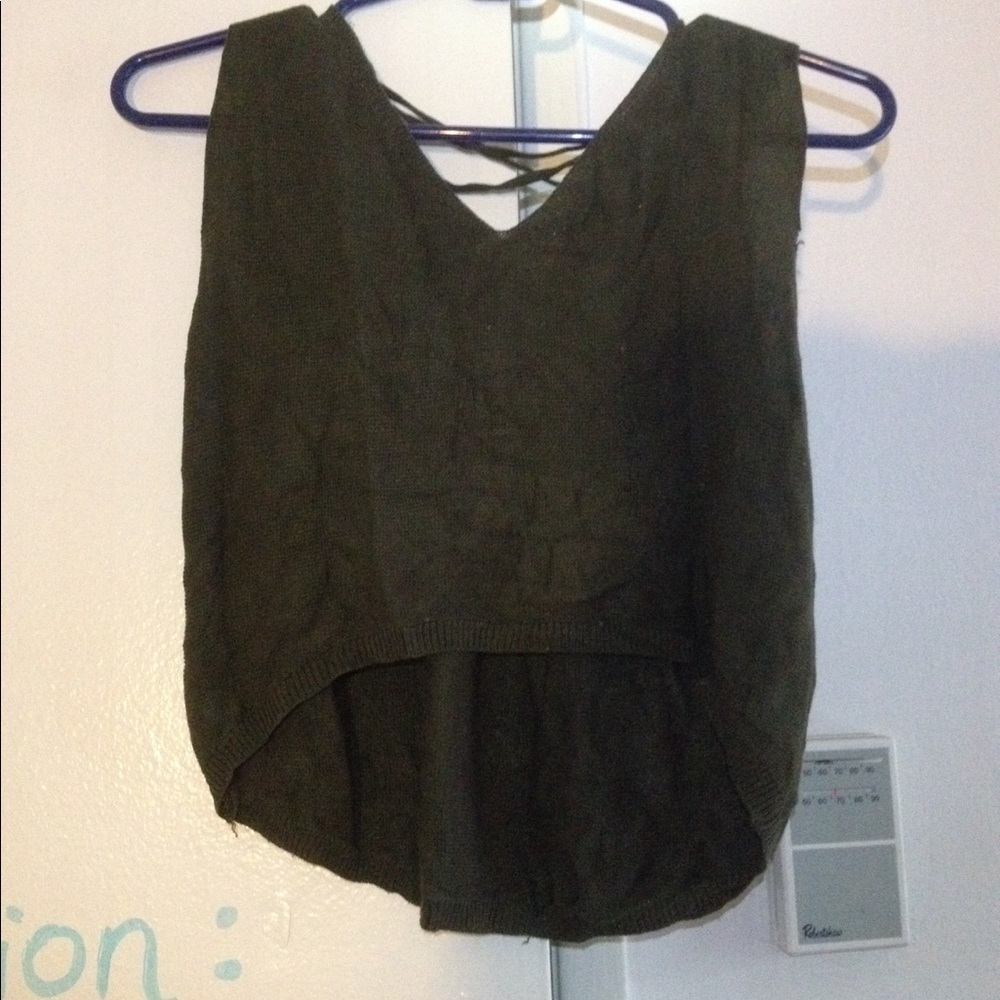 Lace up back dip hem knit tank top